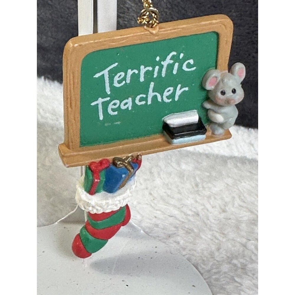 Gibson Christmas Collectibles Mouse Chalkboard Terrific Teacher Ornament 1994 3”